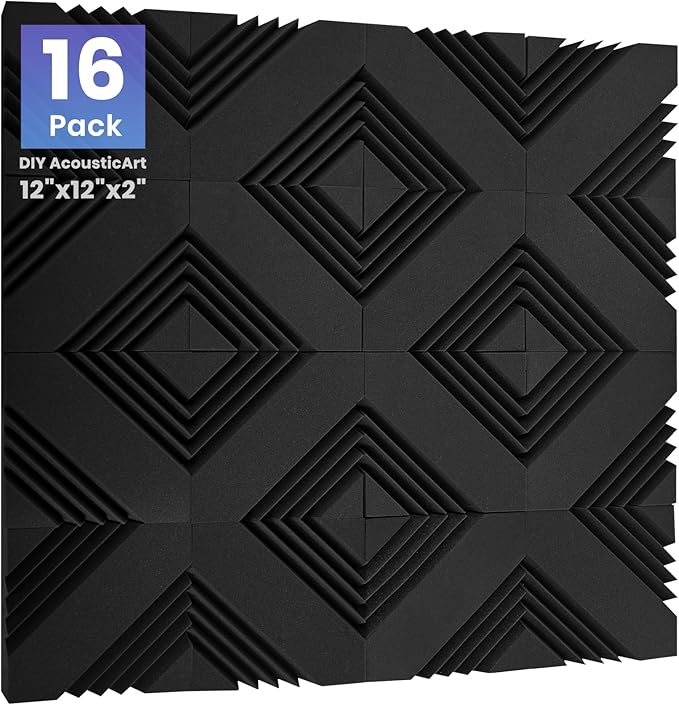 Focusound 16 Pack DIY Creative Art Decor Acoustic Foam Panels 2" x 12" x 12" Sound Proof Foam Panels Soundproofing Noise Cancelling Wedge Panels with 90PCS Reusable Double-Side Adhesive Dots