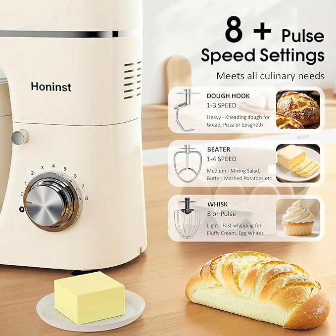 Stand Mixer, 7-IN-1 6.5QT 660W Multifunctional Electric Kitchen Mixers with Blender, Meat Grinder, Dough Hook, Whisk and Beater, 8-Speed Food Mixer for Baking, Cooking, Food Processing, Beige