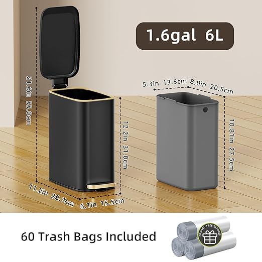 Small Bathroom Trash Can with Lid Soft Close, Step Pedal, 6L / 1.6 Gal Stainless Steel Garbage Bin with Removable Inner Bucket, Slim Wastebasket for Narrow Spaces (Black)