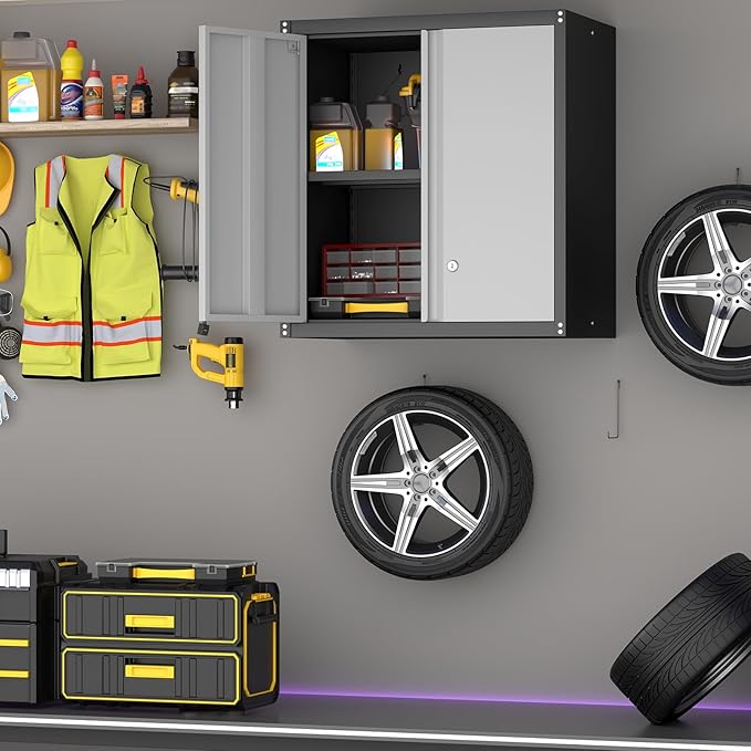 Garage Storage Cabinet,Garage Cabinets with 2 Doors.Locking Wall Cabinet with Adjustable Shelf,Wall Cabinets for Basement,Shop,School,Grey-Black