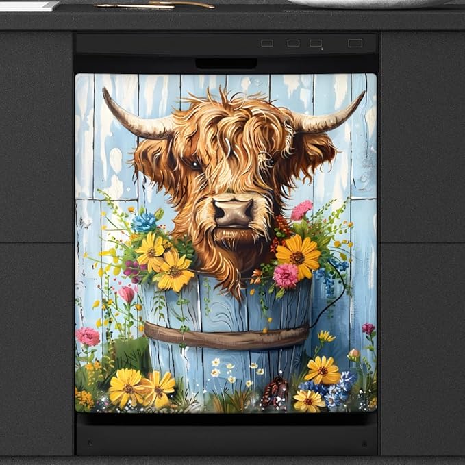 Highland Cow Flower Pot Wood Dishwasher Magnet Cover, Reusable Refrigerator Panel Stickers Microwave Front Door Covers Magnets for Kitchen Home Appliances Holiday Party Decorations 23 X 26 in