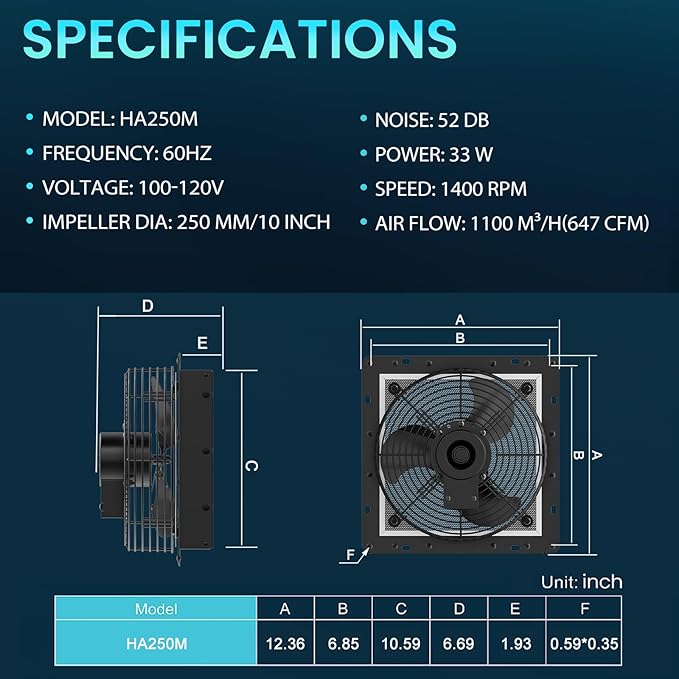 HG Power 10 Inch Shutter Exhaust Fan with Speed Controller, 647CFM High-Speed Vent Fan with, 1400RPM Wall Mounted Attic Fan for Shed, Garage, Greenhouse Ventilation, Black