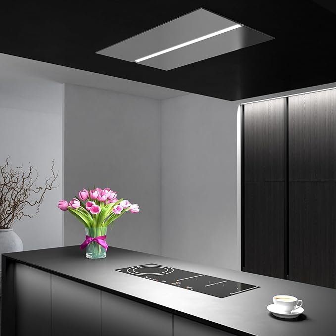 Futuro Futuro IS36SAVONA-INOX Ceiling Mount Range Hood, Stainless Steel, 36x23-5/8x11 inch, LED Light Strip, 940 CFM, 0.5-3.2 Sones, Remote Control Included