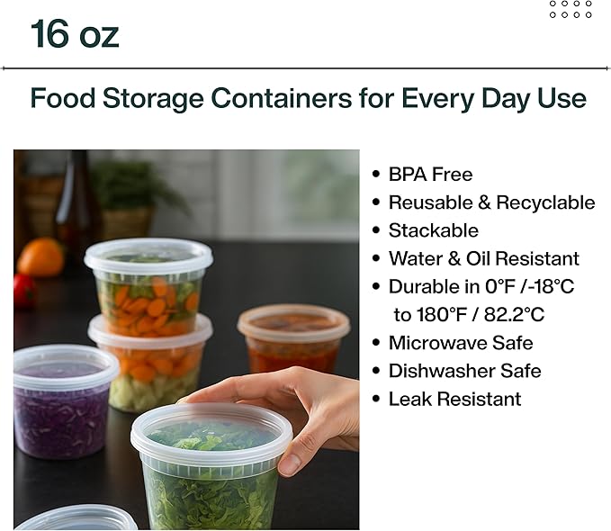 16oz [50 set] Heavy Duty Plastic Deli Container | BPA-Free Food Storage with Airtight Leak‑Proof Lids | Microwave, Freezer & Dishwasher Safe – Stackable, Bulk Reusable Soup & Meal Prep Tub