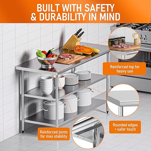 Stainless Steel Table for Food Prep & Work 24 x 60 inches with 2 Adjustable Undershelves, Commercial Workstation in Kitchen, Garage, Outdoor BBQ
