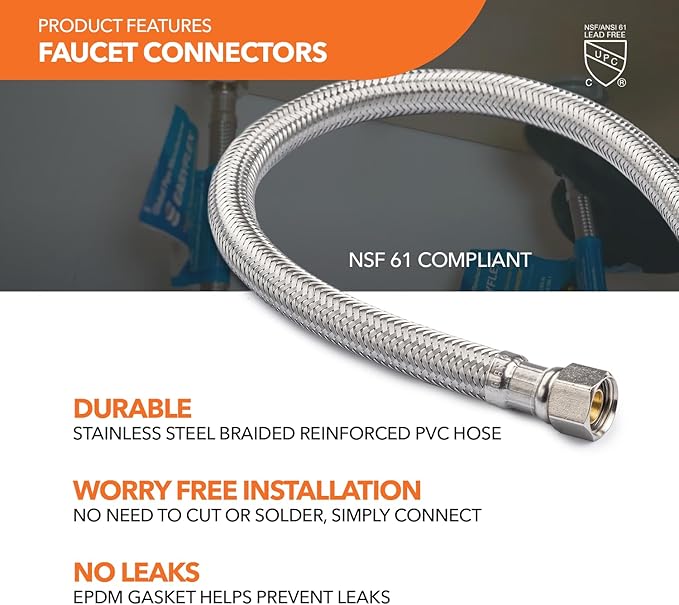Stainless Steel Braided Water Connectors with Reinforced PVC Inner Hose for Faucets, 3/8" Compression x 3/8" Compression, 12" Length (2Pack)