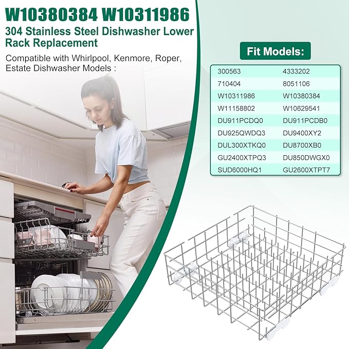 Upgraded 304 Stainless Steel W10311986 W10380384 Dishwasher Lower Rack Replacement for Whirlpool Dishwasher Bottom Rack 300563, DU911PCDQO with WP3376961 Wheels