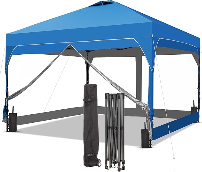 Saemoza 12x12 Pop Up Canopy Tent with One Push Setup, Outdoor Sun Shade Canopy for Backyard Party, Easy Up Instant Shelter with 4 PVC Transparent Sidewalls, 4-Sandbags & Wheel Bag, Blue.