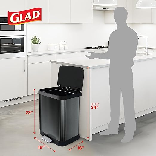 Glad Stainless Steel Step Trash Can with Clorox Odor Protection | Large Metal Kitchen Garbage Bin with Soft Close Lid, Foot Pedal and Waste Bag Roll Holder, 13 Gallon, Pewter