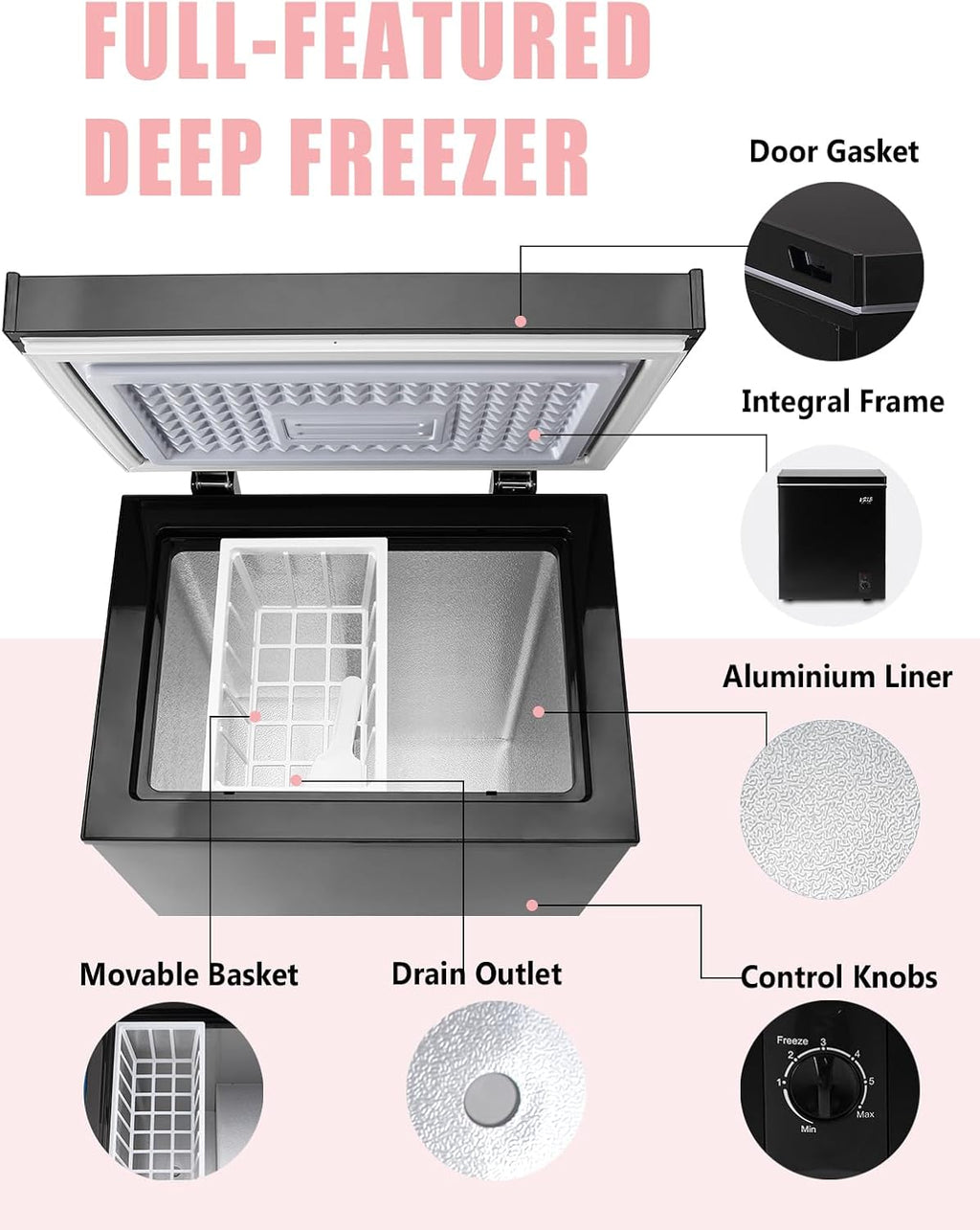 5.0 Cu.Ft Chest Freezer with 7 Gears Temperature Control(-16°F to -48°F), Deep Compact Freezer with a Removable Basket, for House, Kitchen, Garage, Basement, Shop, Black