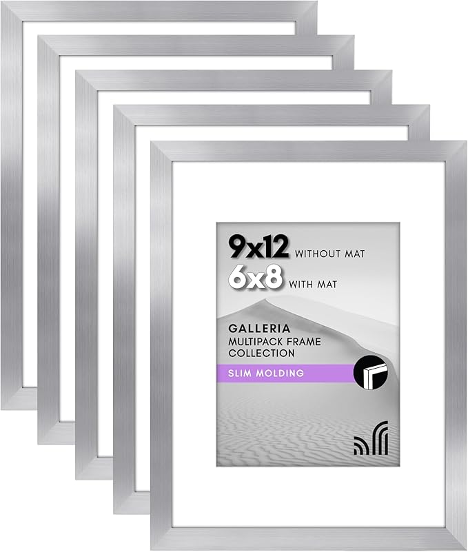 Americanflat 9x12 Picture Frame with Polished Plexiglass - Set of 5 - Use as 6x8 Frame with Mat or Display 9x12 Photo Without Mat - Galleria Collection - Picture Frames for Wall Display - Silver
