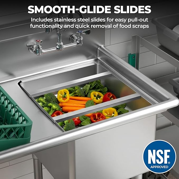 Pre-Rinse Basket with Stainless Steel Slides | Premium Quality Stainless Steel Scrap Basket for Commercial Sinks | 19 3/8" x 19 3/8" x 3.5"