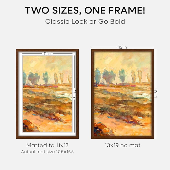 Homeforia 13x19 Picture Frame Brown, High End Dark Oak 13x19 Wooden Frames with Mat 11x17, 13 x 19 Walnut Wood Poster Frame Matted to 11 by 17, 19x13 Hanging Frames, Tempered Glass, Wall Kit, Set of 2