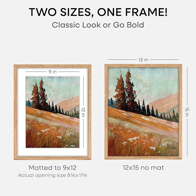 Homeforia 12x15 Wood Frame, High End Natural Oak 12x15 Light Wooden Picture Frame with Mat 9x12, 12 x 15 Poster Frames Matted to 9 by 12 Photo, 15x12 Hanging Frames, Tempered Glass, Wall Kit, Set of 1