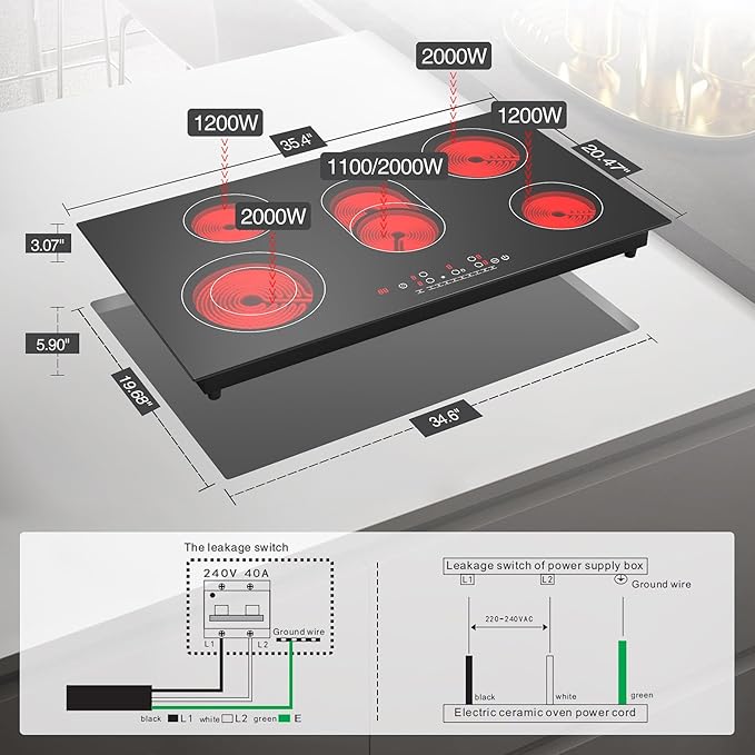 VBGK Electric cooktop 36 inch,Electric Stove burner,Built-in and Countertop Stove Top, LED Touch Screen,9 Heating Level, Timer & Kid Safety Lock, Touch Control,240V 8600W Cooktop