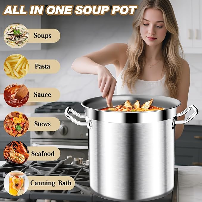 Large Stock Pot - Heavy Duty Tri-Ply Bottom Commercial Grade Soup Pot for Cooking Soup, Stew, Canning, Oven, Gas, Ceramic, Dishwasher Safe