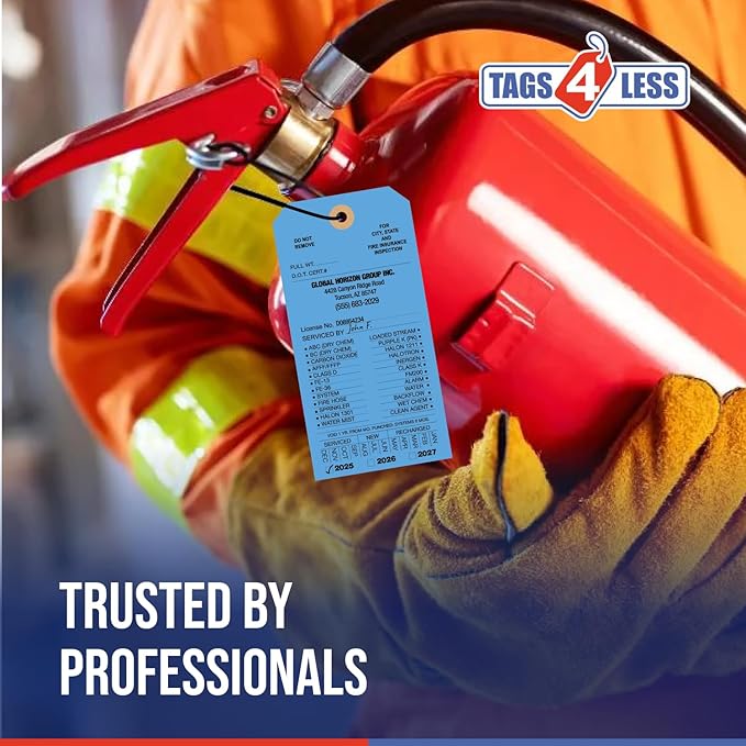 Tags 4 Less Custom Fire Extinguisher Tags – Preventative Maintenance Labels for Monthly Inspections, Alternative to Safety Sticker for Easy Record-Keeping – Pack of 100 (Dark Blue, Cardboard)