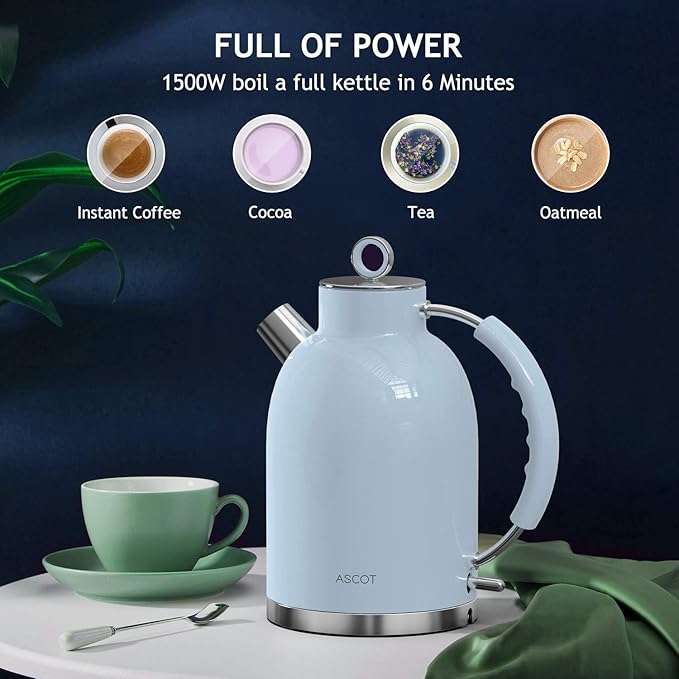 ASCOT Electric Kettle, Stainless Steel Kettle Water Boiler, Fast Boiling Kettle, 1.5L, 1500W, BPA-Free, Cordless, Automatic Shutoff, Boil-Dry Protection(Blue)