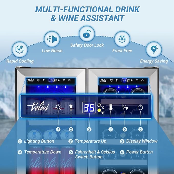Wine and Beverage Refrigerator, 24 Inch Dual Zone Wine Beverage Cooler Under Counter with Glass Door&Lock, 18 Bottles and 68 Cans Large Capacity for Beer Soda Drink, Built-In or Freestanding Fridge