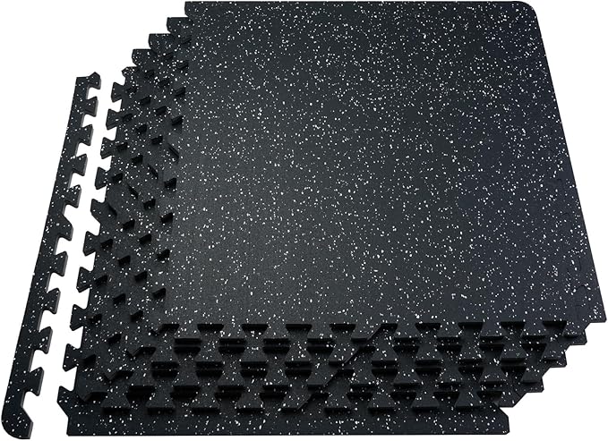 VEVOR 0.56Inch 48sq.ft 12 Tiles Gym Flooring for Home Gym, Rubber Top with High Density EVA Foam, 25 x 25In Gym Floor Exercise Equipment Mats, Interlocking Gym Mats, Puzzle Workout Mats, Black & White