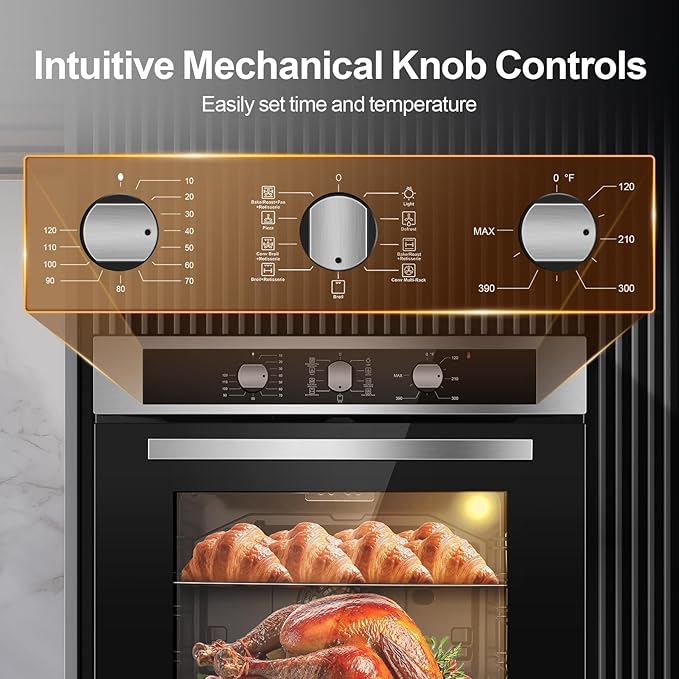 24 Inch Single Wall Oven 2.8 Cu.Ft 3220W, Electric Oven with Mechanical Knob Control, 9 Functions, 360° Rotisserie,Triple Glass Door & Enamel Cavity for restaurant, hotel, and home