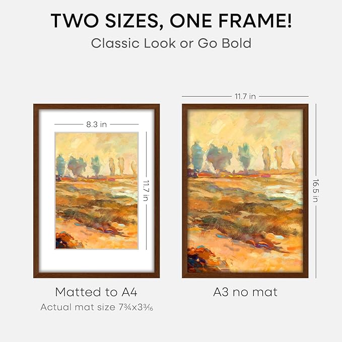 Homeforia A3 Picture Frame Brown Wood, High-End Dark Oak 11.7 x 16.5 Poster Walnut Frames Matted to 8.3 by 11.7 inch Photo, A3 Size Wooden Frame with Mat for A4 Art, Tempered Glass, Wall Kit, Set of 2