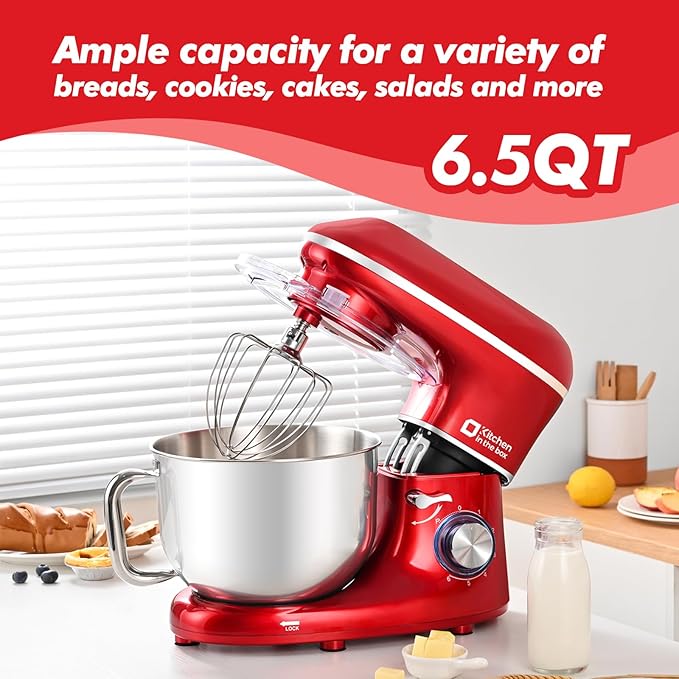 Kitchen in the box Stand Mixer, 6.5QT 660W Kitchen Electric Mixer, 6-Speed Tilt-Head Food Mixer with Dough Hook, Wire Whip and Beater (Red)