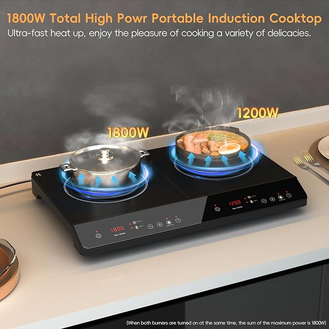 Double Induction Cooktop, 1800W Portable Induction Cooktop 2 Burner Independent Touch Control, Ceramic Electric Stove with 9 Temperature and Power Level, Safety Lock, 3 Hour Timer - Black