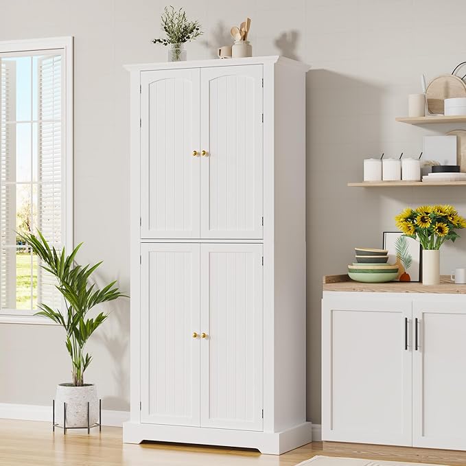 MHOM 71" Tall Pantry Cabinet, Farmhouse Kitchen Storage Cabinet with 6 Hanging Shelves and Adjustable Shelves, Freestanding Cupboard for Kitchen & Dining Room, White