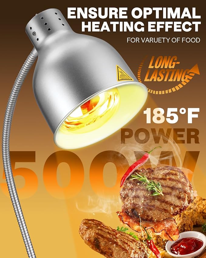 Food Heat Lamp: [Rapid-Heating Bulbs Included] [Steady Heating] Commercial Food Warmer Lamp, Electric Heat Lamp for Food Catering Food Warming Lamp for Buffet Parties (Painted Silver, 32" (2-Head))