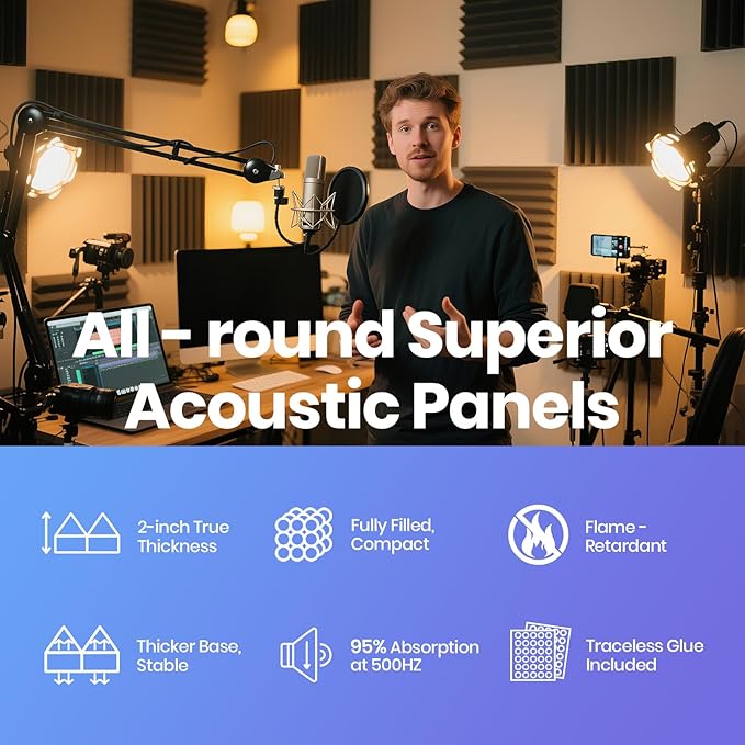 Focusound Grey Acoustic Panels 24 Pack 2"x12"x12" with 120 PCS Double-Side Adhesive - Sound Proof Pyramid Foam for Walls, Home Studio Noise Absorption & Echo Control Kit