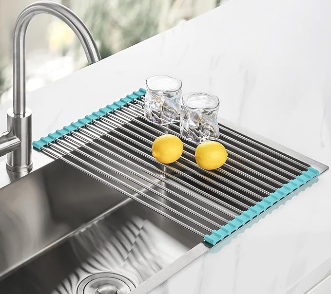 Tomorotec 17.7" x 12.5" Roll Up Dish Drying Rack Over Sink Drying Rack Sink Cover Kitchen Sink Accessories Gadget Multipurpose Organizer Foldable Stainless Steel Drainer