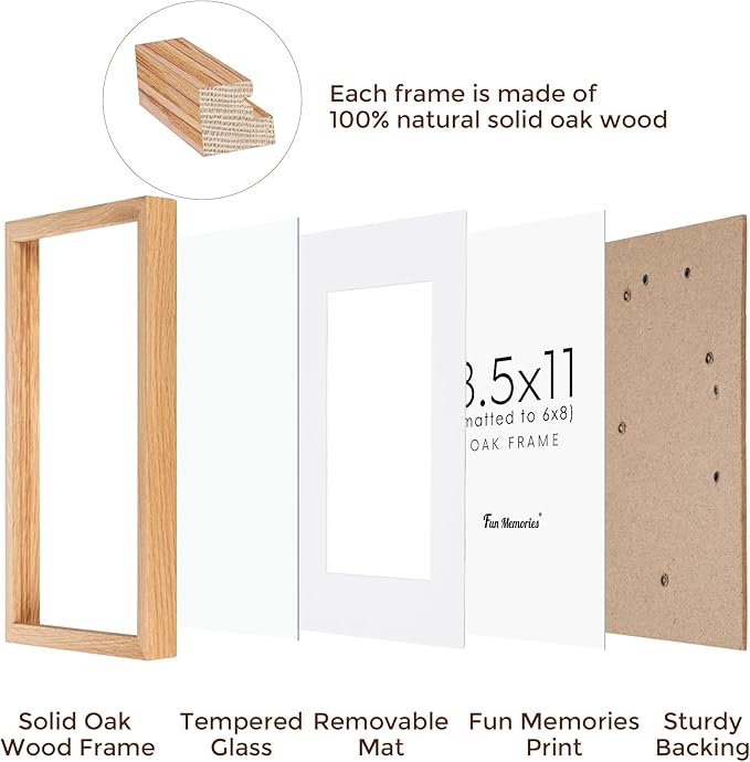8.5x11 Picture Frame Set of 3, Solid Oak Wood & Tempered Glass, 8.5 x 11 Frame for Wall, Rustic Wood 8.5 by 11 Frames, 8.5x11 Frame with Mat for 6x8, Natural Oak Color