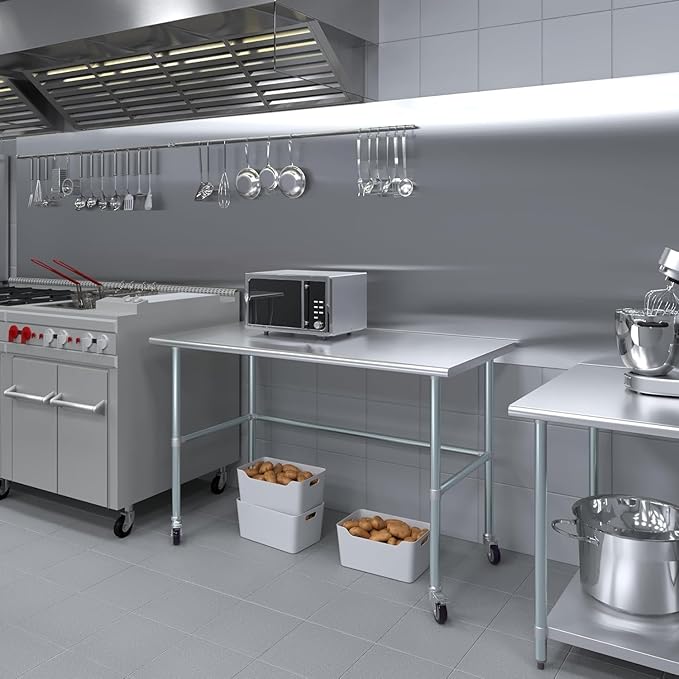 Stainless Steel Work Table Open Base & Wheels | Work Station | Metal Work Bench (Stainless Steel Work Table Open Base + Casters) (60" Long x 30" Deep)
