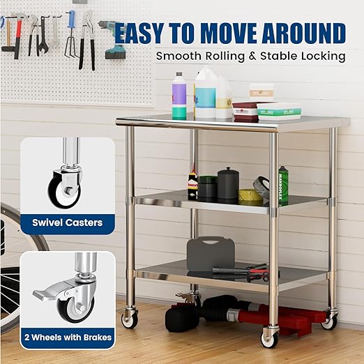 Stainless Steel Work Table with Wheels, 24x36 Inch NSF Kitchen Prep Table with 2 Adjustable Undershelves for Commercial Restaurant, Garage, Outdoor BBQ