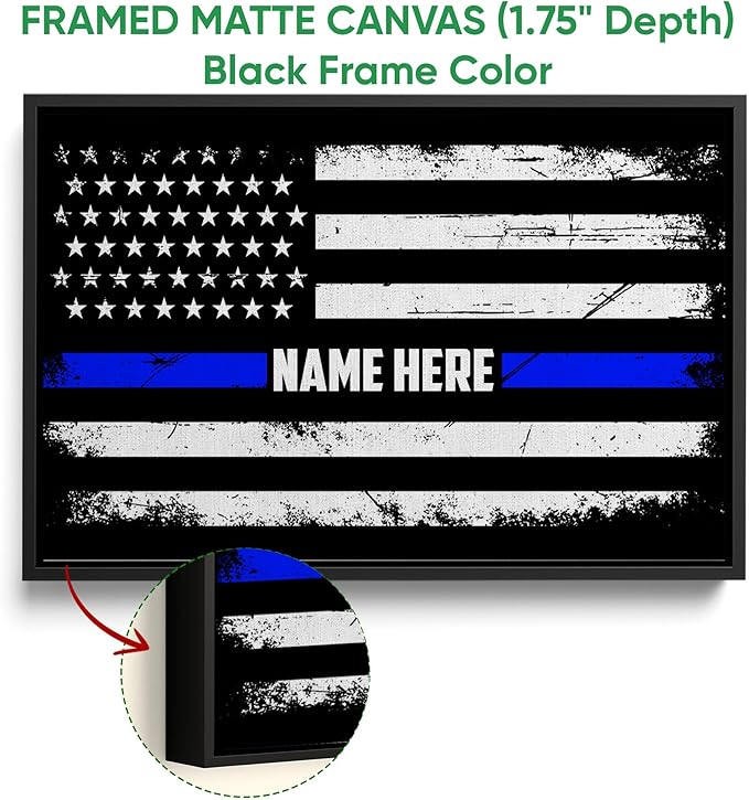 Custom Police Support Flag Thin Blue Line American Flag Back The Blue Personalized Name Poster & Framed Canvas, Wall Art Home Office Decoration Living Room Bedroom Aesthetic Decor