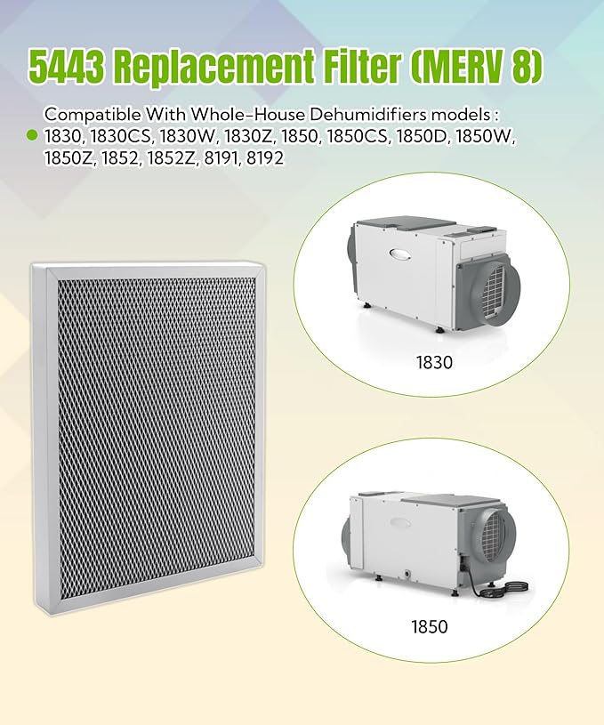 2 Packs 5443 Basement Dehumidifier Filter Fits for Whole-House Dehumidifiers Models 1830 1850 1852 and Ventilation Models 8191 8192,12″x 10″x 0.8″Washable MERV 8 Filter Replacement