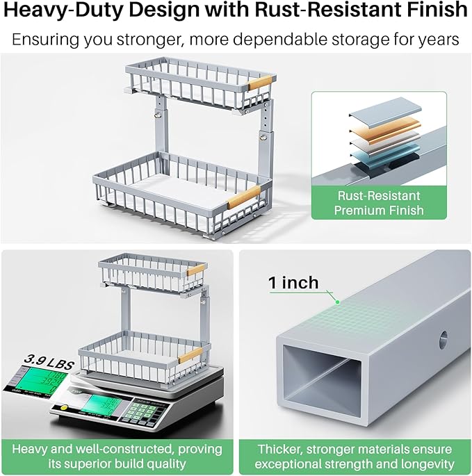 Kitstorack Under Sink Organizer, 2 Packs 2 Tier Under Sink Organizers and Storage, Slide out Pull out Cabinet Organizer Shelf, Metal Sliding Drawer for Kitchen Bathroom Pantry Closet Rack(Grey)