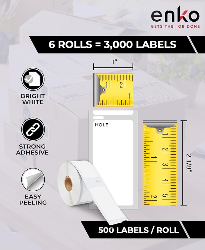 enKo Compatible for Dymo 30336 Labels (1 x 2-1/8 inches) - 6 Rolls, 3,000 Labels for Dymo LabelWriter 450 Turbo Printer and 4XL - Direct Thermal Address, Shipping and Barcode