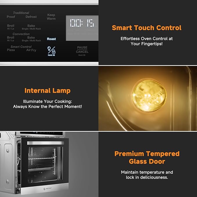 Wall-Oven-Single-Wall-Oven: AMZCHEF 24 inch Electric Wall Oven with 10 Functions, 2.5 Cu.Ft. Convection Wall Oven with Upgraded Control Panel, 2800w, 220V, Touch Control, Timer, Safety Lock