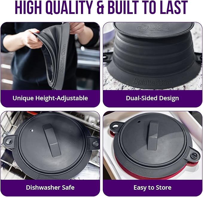L.I.Q Silicone Splatter Guard – Fits 10 and 12 Inch Pots (25 and 30 Centimeters) – Microwave Safe and Durable SplatterDom - Includes 10” Lid - Food and Oil Splash Guard (Chic Metallic, Large)