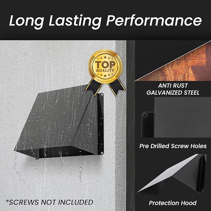 Repa Market 10 x 5 Inch Black Galvanized Steel Vent Cover - Duct Exhaust/Inlet Rain Deflector - Weatherproof Guard for Ventilation Systems/Indoor/Outdoor Vent Hood/Air Vent Grille Protection Roof