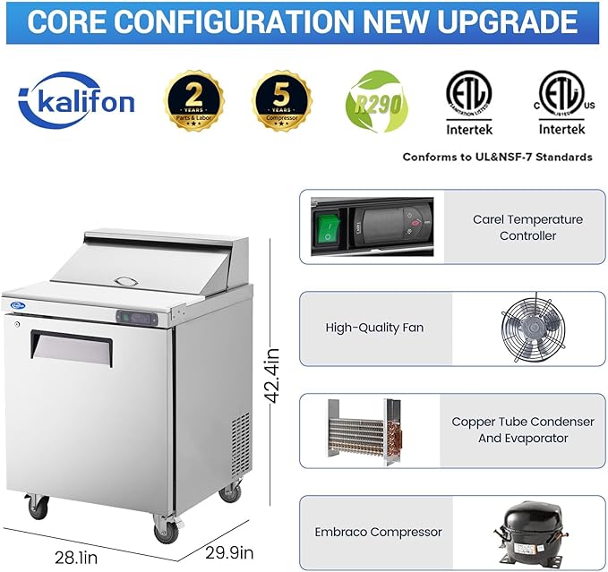 27" W 1 Door Refrigerator Sandwich Salad Prep Table Commercial Stainless Steel Fan Cooling Refrigerator with Cutting Board, 1 Shelves & 12 Pans for Restaurant, Bar, Shop-7.4 Cu.ft