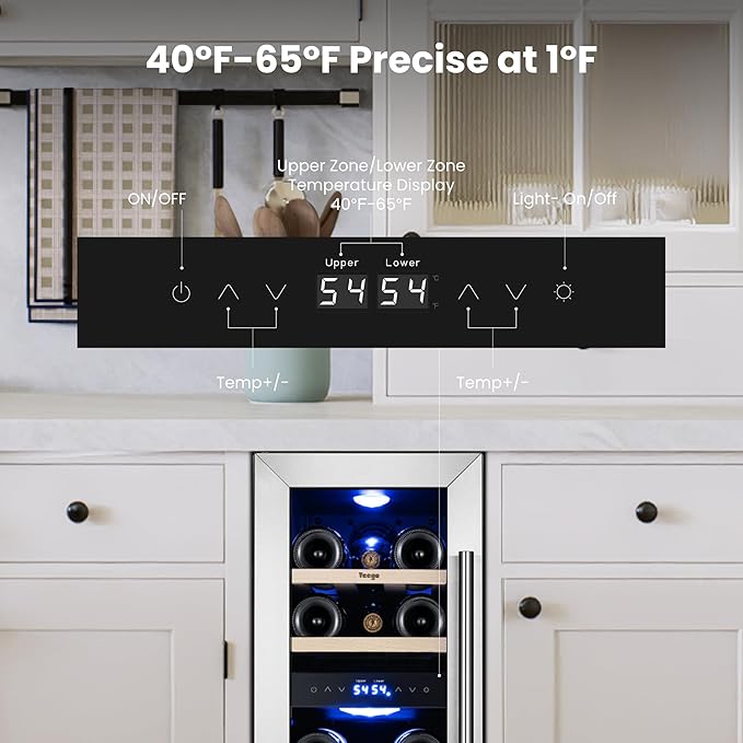 Yeego 12 Inch Wine Fridge Cooler - 17 Bottles Dual Zone Wine Cooler with Glass Door, 40-65℉ Built-In or Freestanding Refrigerator, Under Counter Wine Fridge for Kitchen Bar Office (Left-Hinged)