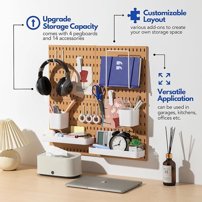 Keepo Pegboard Combination Kit, Pegboards and Accessories Modular Hanging for Wall Organizer, Crafts Organization, Ornaments Display, Nursery Storage, Peg Board (Tan Brown, 22″×22″)