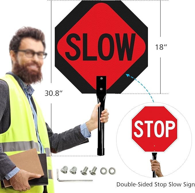 GicnKeuz Stop Slow Sign with Metal Handle, 18x18 inches Double Sided Slow/Stop sign, Traffic Reflective Aluminum Sign, Fade Resistant/Waterproof, Easy to Mount (2 Pack)