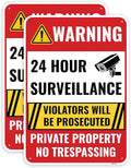 2PC 24 Hour Surveillance Sign, 10 x 7 Inches - Aluminum - Private Property No Trespassing - Security Camera Metal Warning Sign
