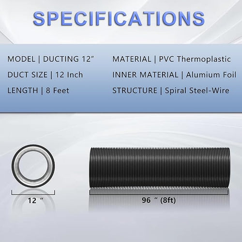 12 Inch Flexible Ducting Hose 8 Feet Black Aluminum Ducting -4 Layer Protection Dryer Vent Hose for HVAC Heating Cooling Ventilation and Exhaust, 2 Clamps Included
