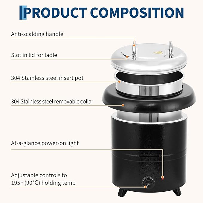 13.7QT Electric Soup Warmer Kettle - Commercial Detachable Insert Soup Pot with Adjustable Temperature, Hinged Lid & Multi-Food Use (Soup/Porridge/Dishes/Milk), Black for Restaurant/Buffet