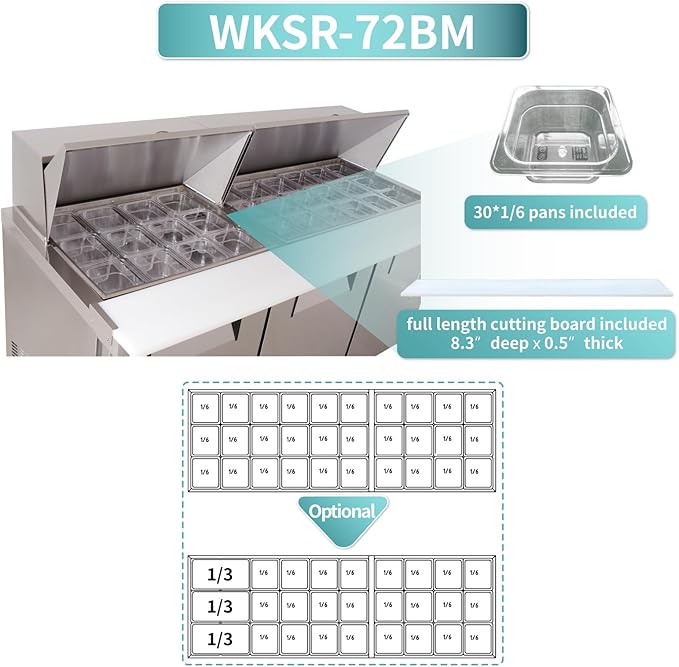 WESTLAKE 72" W 3 Door Refrigerator Sandwich & Salad Prep Table Commercial Mega Top Refrigerator Stainless Steel Counter Fan Cooling with 30 pans for Restaurant, Bar